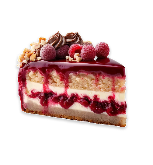 A delicious slice of berry cake with dark red jam and fresh raspberries on top